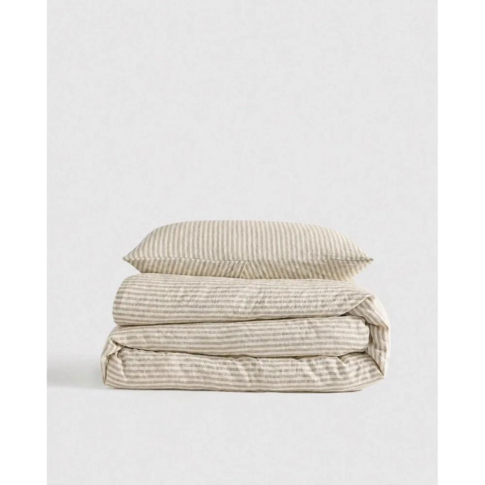 NWOT QUINCE European 100% Linen Duvet Set Willowleaf White Stripe TWIN $164